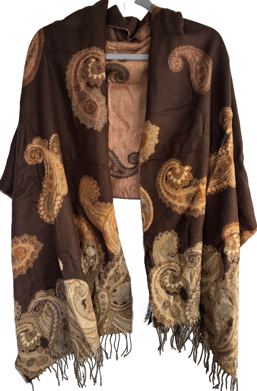 Preston & York Paisley Print Brown/Tan Scarf Fringe Made In Germany Acrylic Soft